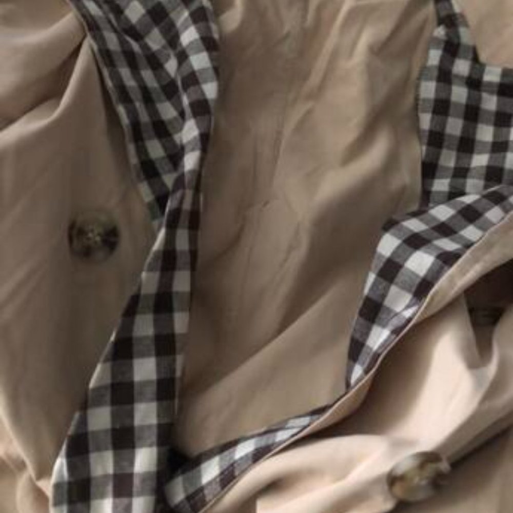 Gingham Lapel Collar Belted Trench Coat - Picture 7 of 7